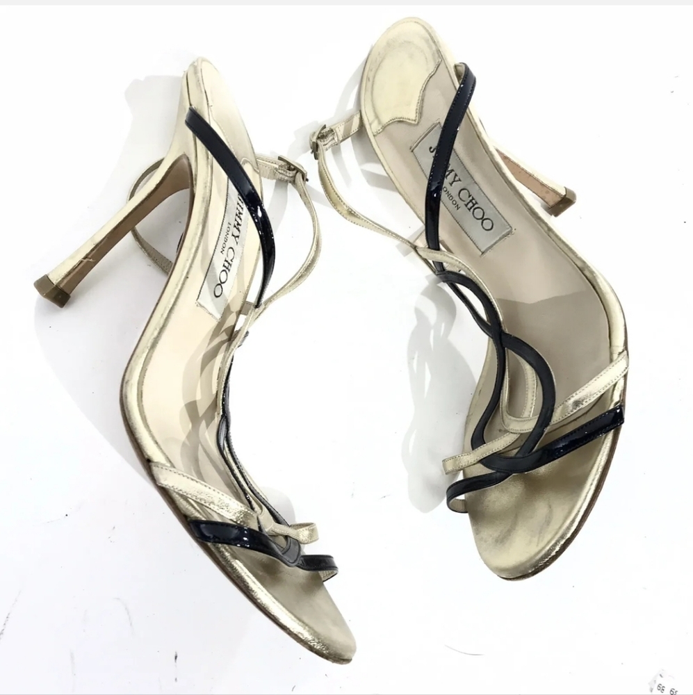 SOLD SOLD SOLD Jimmy Choo Metallic Gold Black Heels Sandals Size 40 9 - Picture 4 of 9